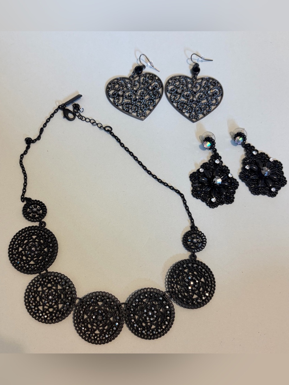 G by Guess Black Filigree Medallion Necklace with 2 Matching Black Earring Sets